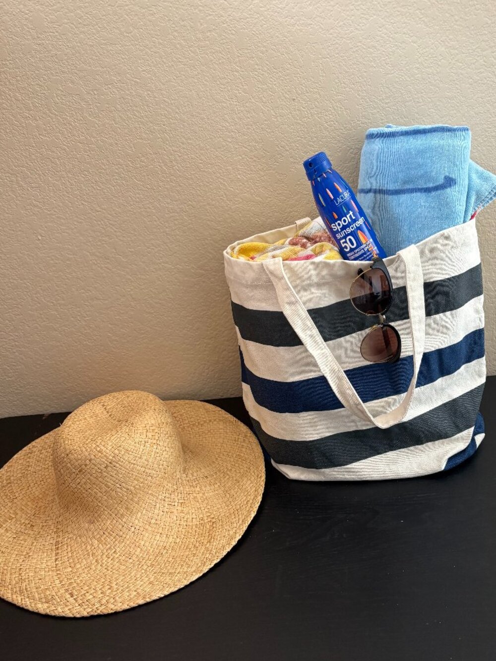 Blue White Striped Canvas Tote Bag Large Reusable Shopping Beach Market Carryall
